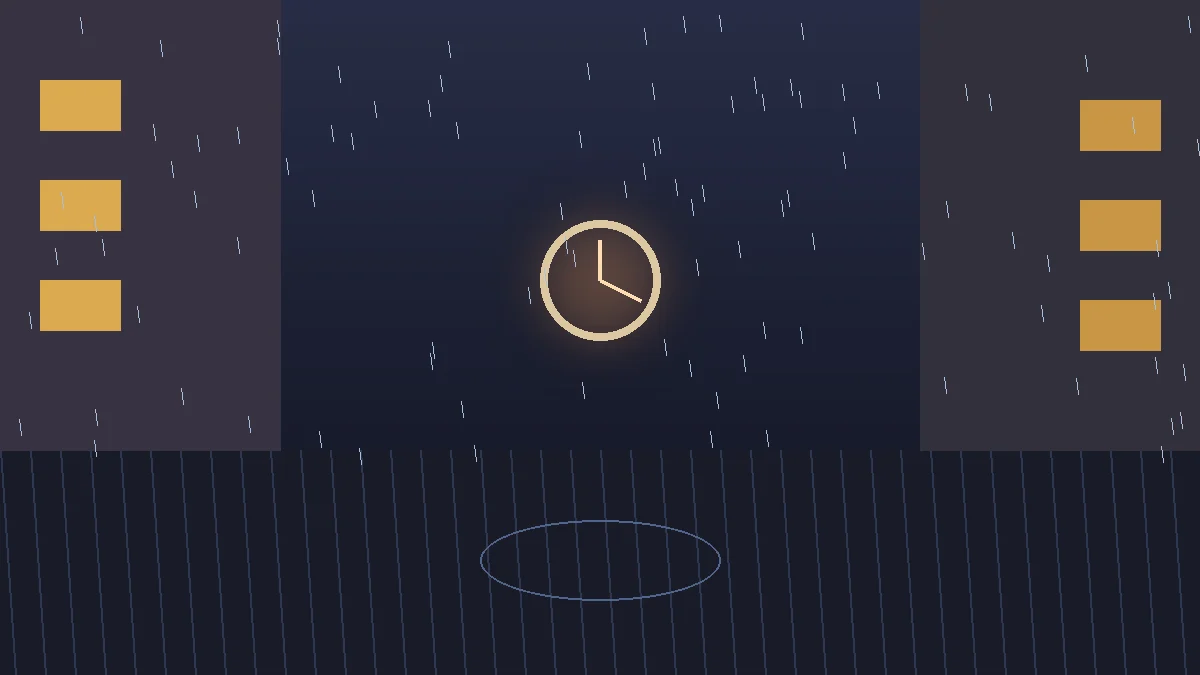 雨夜巷弄与倒转时钟剪影