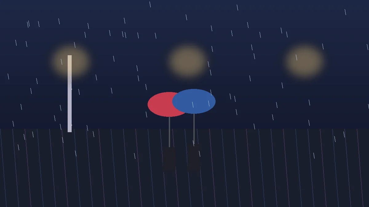 雨夜街灯下两把伞靠近的剪影